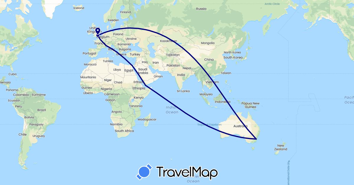 TravelMap itinerary: driving in Australia, Egypt, France, United Kingdom, Italy, Yemen (Africa, Asia, Europe, Oceania)